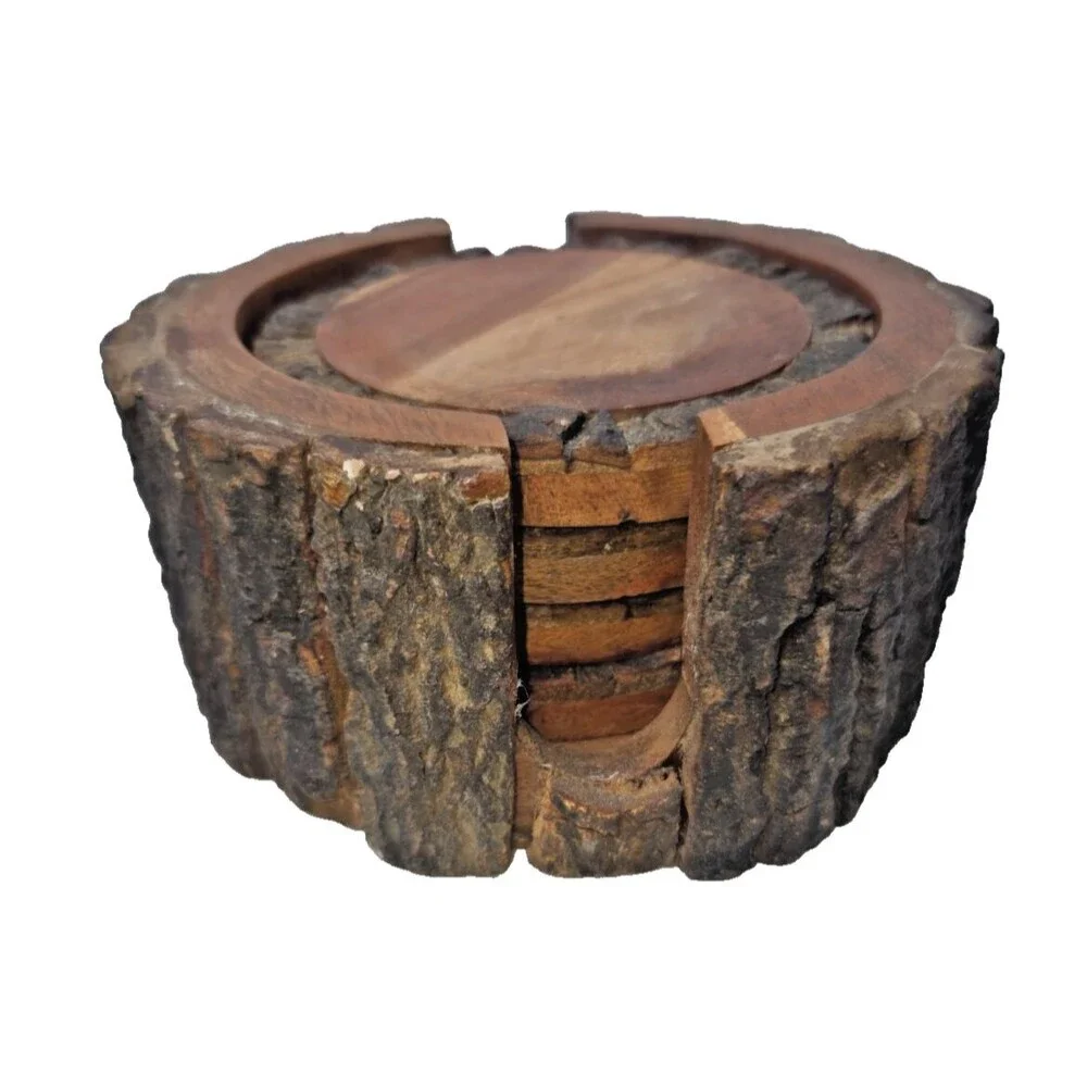 Set of 4 Rustic Primitive Live Edge Wooden Coasters with Holder